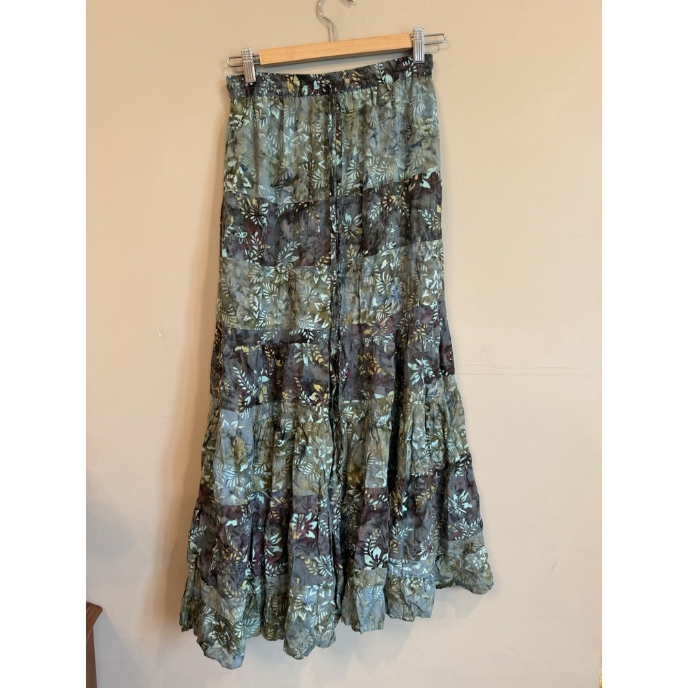 W River Tiered Floral Patch Work Tie Dye Maxi Skirt Small Blue Purple Hippie Boh